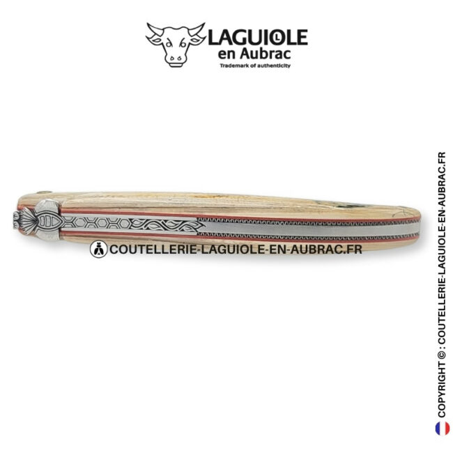Écho des Âges : couteau laguiole plein manche en ivoire fossile de mammouth – abeille et platines ciselées
