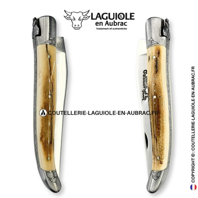 Éclat fossile : couteau laguiole en ivoire de mammouth marron et crème – abeille sculptée – mitres gravées