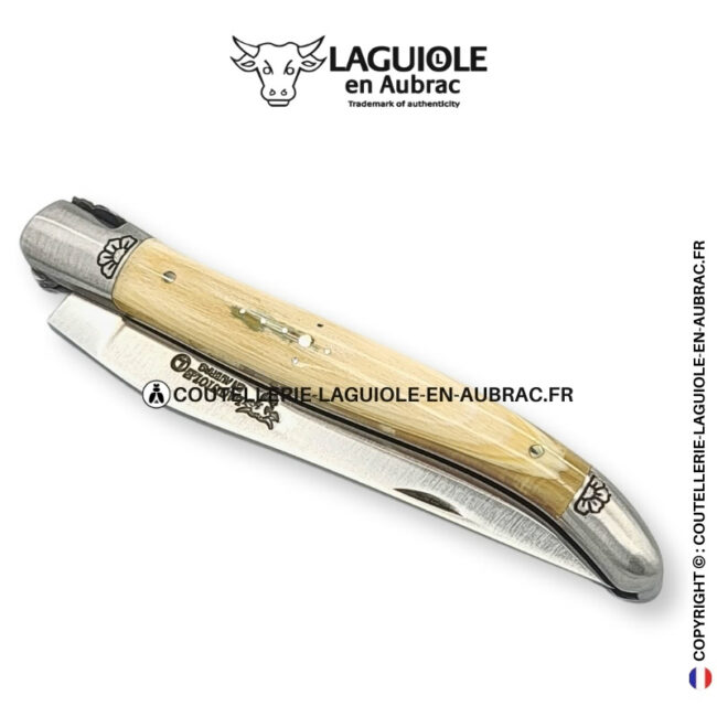 fleurs d'ivoire : couteau laguiole en ivoire fossile de mammouth – abeille sculptée – mitres gravées