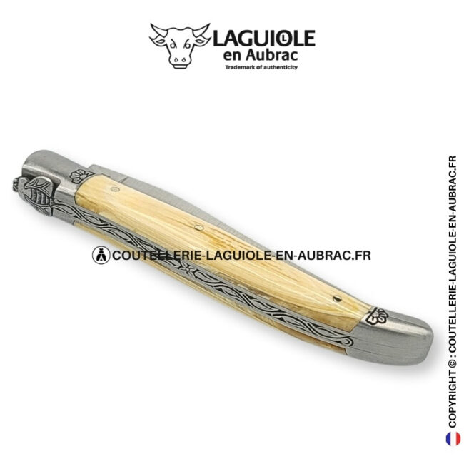 fleurs d'ivoire : couteau laguiole en ivoire fossile de mammouth – abeille sculptée – mitres gravées
