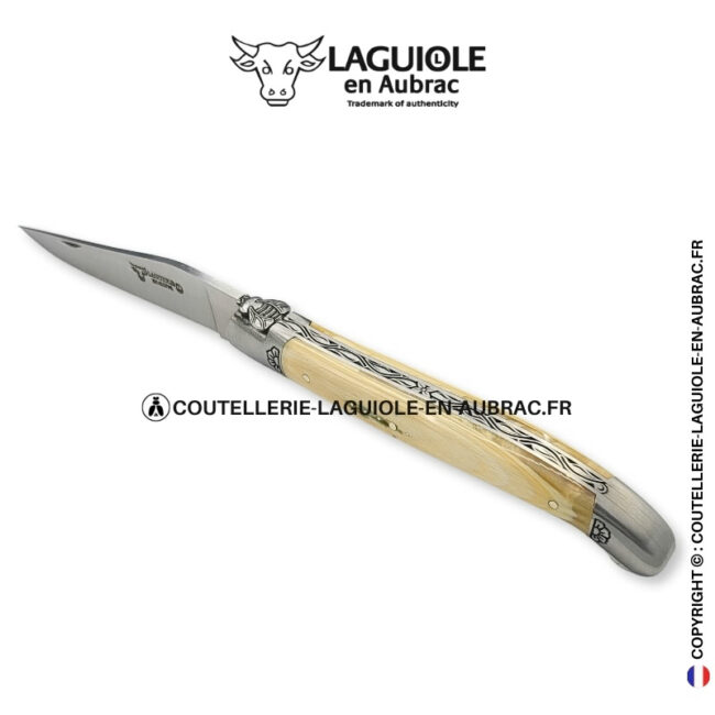 fleurs d'ivoire : couteau laguiole en ivoire fossile de mammouth – abeille sculptée – mitres gravées