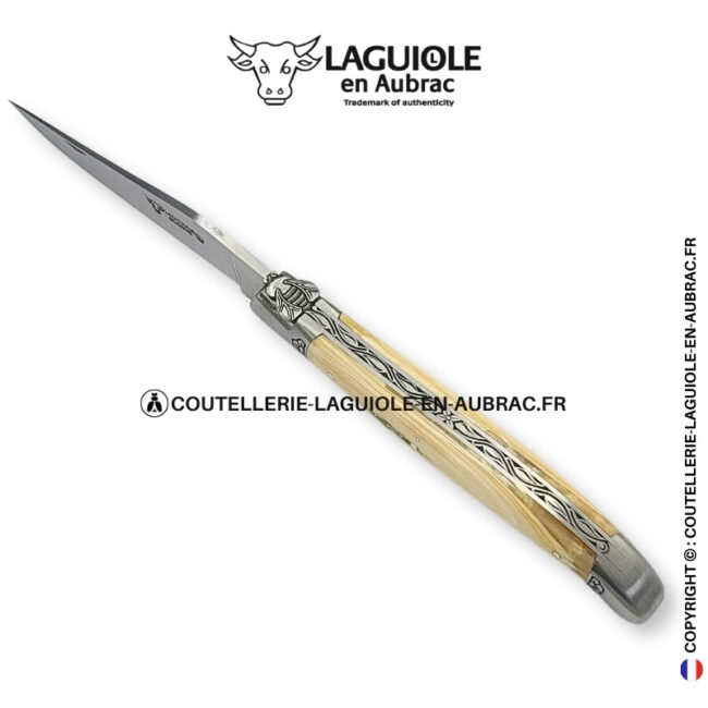 fleurs d'ivoire : couteau laguiole en ivoire fossile de mammouth – abeille sculptée – mitres gravées