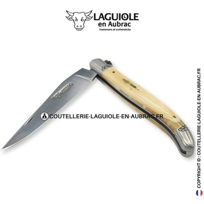 fleurs d'ivoire : couteau laguiole en ivoire fossile de mammouth – abeille sculptée – mitres gravées