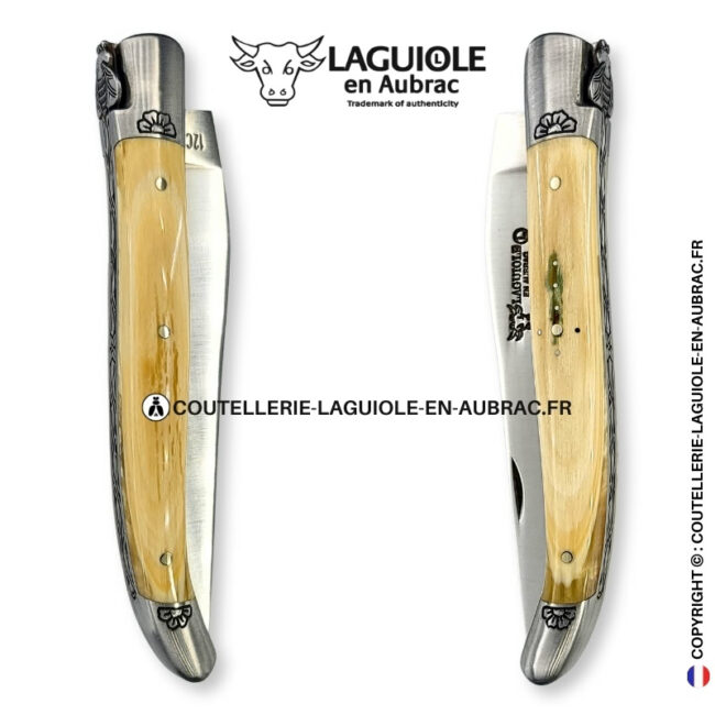 fleurs d'ivoire : couteau laguiole en ivoire fossile de mammouth – abeille sculptée – mitres gravées