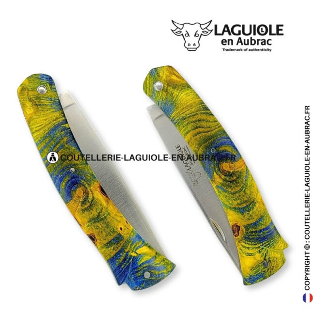 mistral psychédélique : couteau plein manche en loupe de marronnier coloré