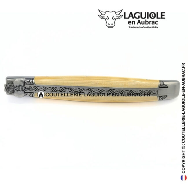 murmure végétal : couteau laguiole en ivoire de mammouth – abeille et motifs végétaux sculptés