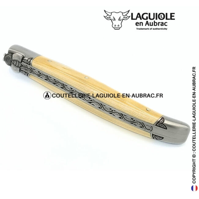 murmure végétal : couteau laguiole en ivoire de mammouth – abeille et motifs végétaux sculptés