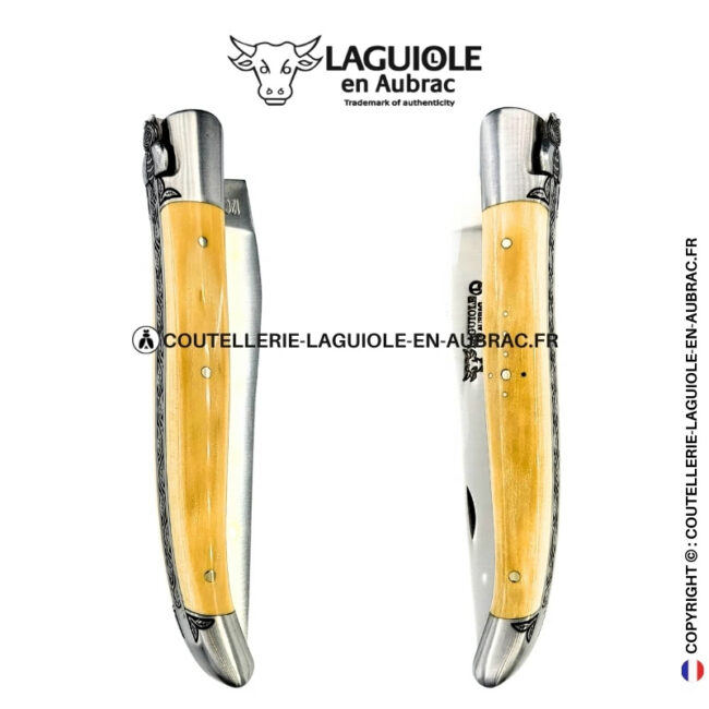 murmure végétal : couteau laguiole en ivoire de mammouth – abeille et motifs végétaux sculptés