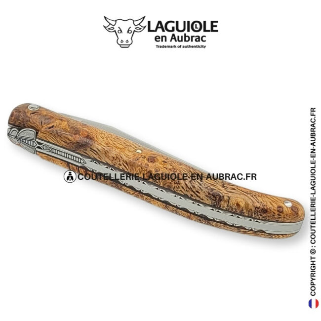 reflet boisé : couteau laguiole plein manche en albizia – abeille et platines ciselées