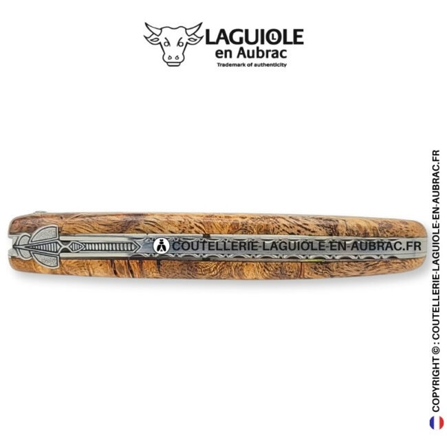reflet boisé : couteau laguiole plein manche en albizia – abeille et platines ciselées