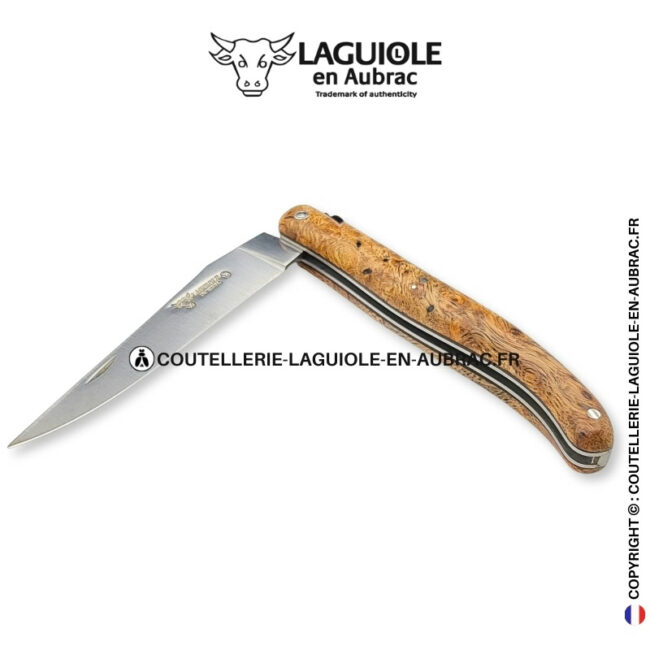 reflet boisé : couteau laguiole plein manche en albizia – abeille et platines ciselées
