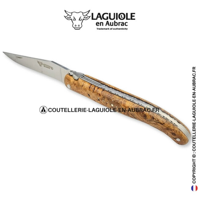 reflet boisé : couteau laguiole plein manche en albizia – abeille et platines ciselées