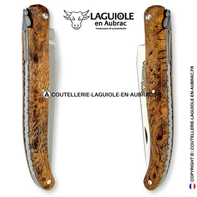 reflet boisé : couteau laguiole plein manche en albizia – abeille et platines ciselées