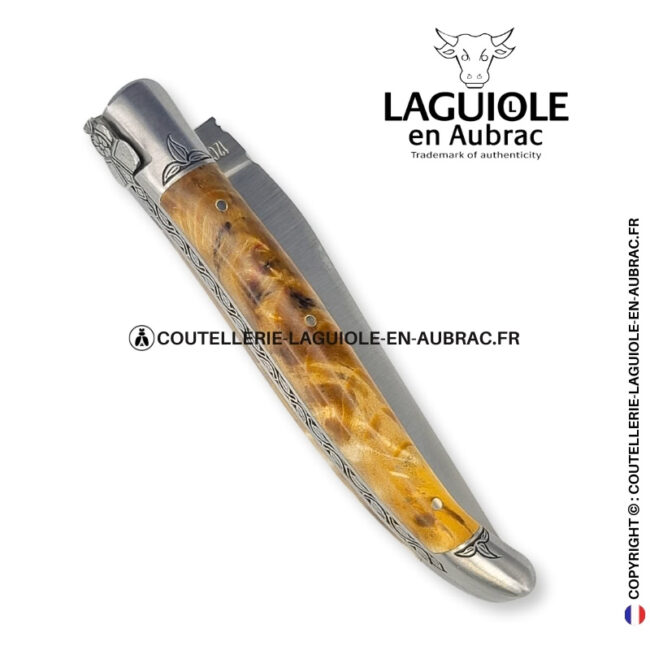Éclat doré : couteau laguiole en loupe de peuplier doré abeille sculptée mitres et ressort gravés