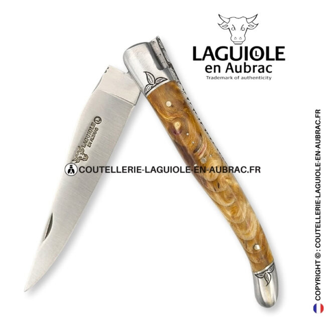 Éclat doré : couteau laguiole en loupe de peuplier doré abeille sculptée mitres et ressort gravés