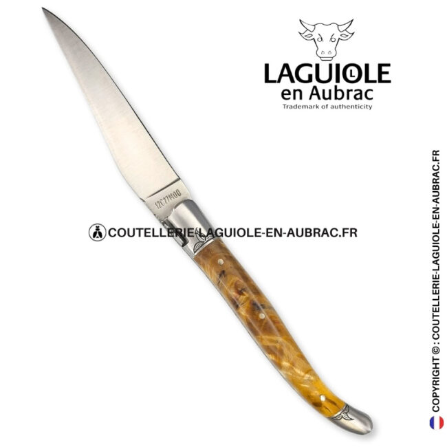 Éclat doré : couteau laguiole en loupe de peuplier doré abeille sculptée mitres et ressort gravés