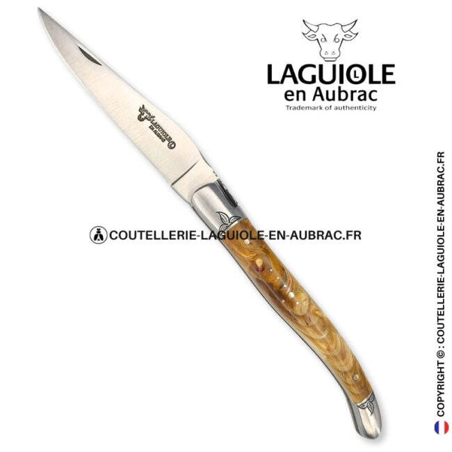 Éclat doré : couteau laguiole en loupe de peuplier doré abeille sculptée mitres et ressort gravés