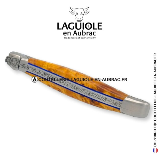 esquisse végétale : couteau laguiole en loupe de peuplier stabilisé abeille sculptée mitres et ressort gravés