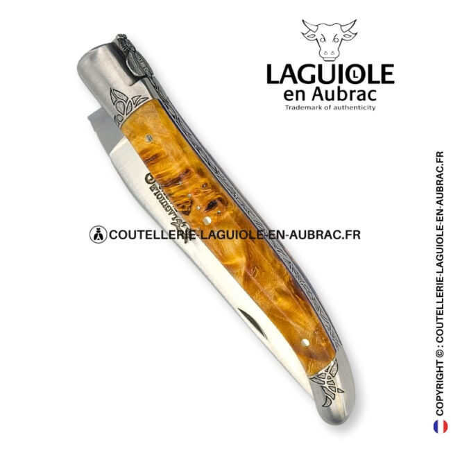 esquisse végétale : couteau laguiole en loupe de peuplier stabilisé abeille sculptée mitres et ressort gravés