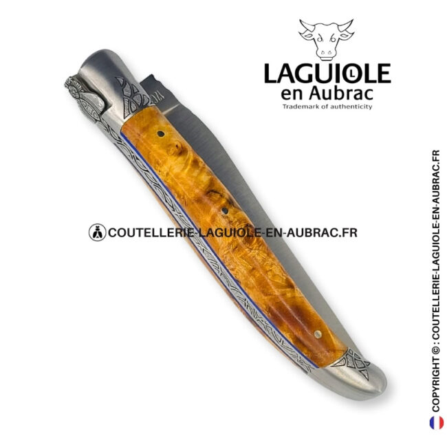 esquisse végétale : couteau laguiole en loupe de peuplier stabilisé abeille sculptée mitres et ressort gravés