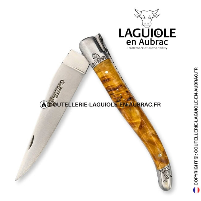 esquisse végétale : couteau laguiole en loupe de peuplier stabilisé abeille sculptée mitres et ressort gravés