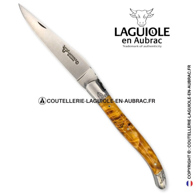 esquisse végétale : couteau laguiole en loupe de peuplier stabilisé abeille sculptée mitres et ressort gravés