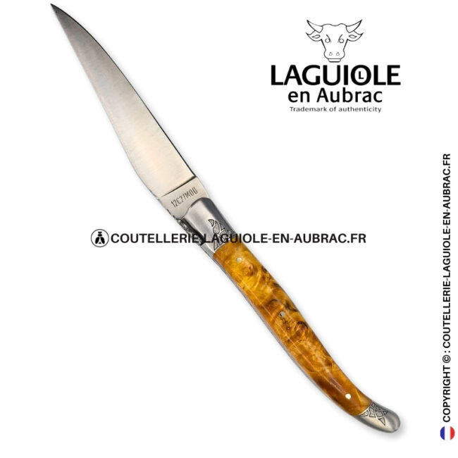 esquisse végétale : couteau laguiole en loupe de peuplier stabilisé abeille sculptée mitres et ressort gravés