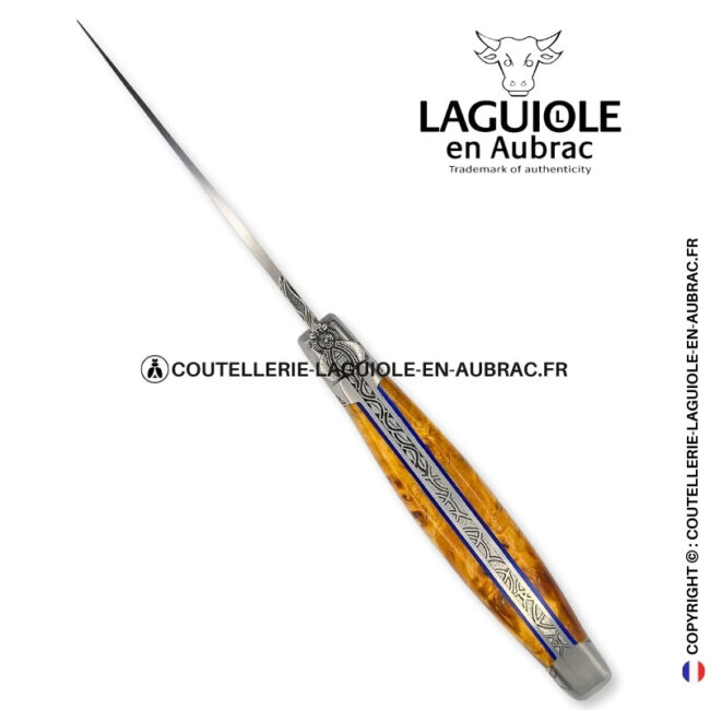 esquisse végétale : couteau laguiole en loupe de peuplier stabilisé abeille sculptée mitres et ressort gravés