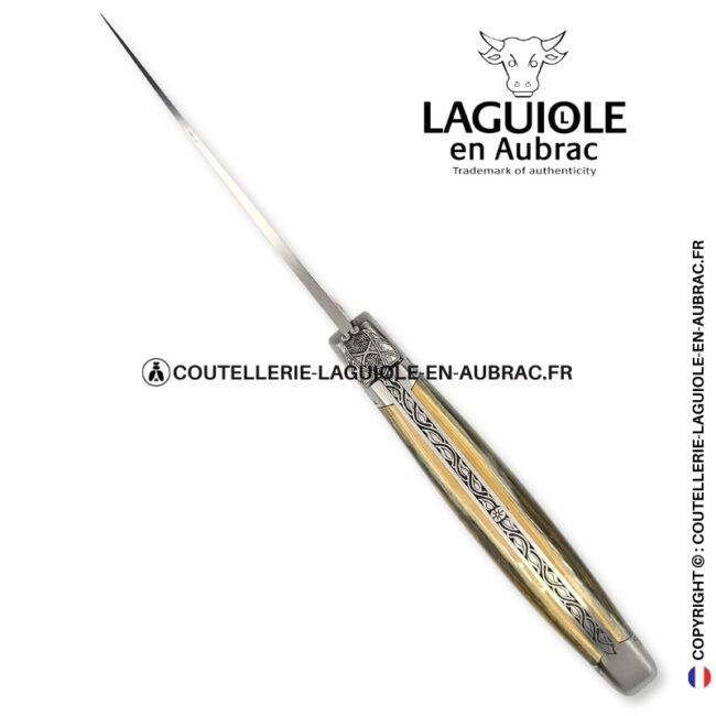 héritage arctique : couteau laguiole en ivoire fossile vert bleu – mitres et ressort ciselés