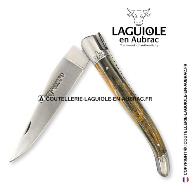 héritage arctique : couteau laguiole en ivoire fossile vert bleu – mitres et ressort ciselés