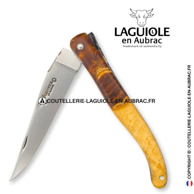 majesté végétale : couteau laguiole plein manche en bois de frêne – abeille et platines ciselées