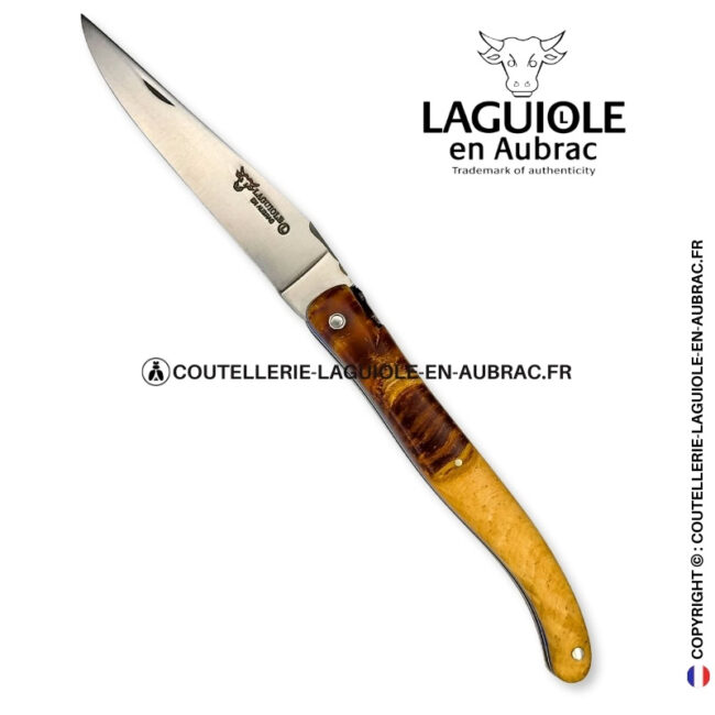 majesté végétale : couteau laguiole plein manche en bois de frêne – abeille et platines ciselées