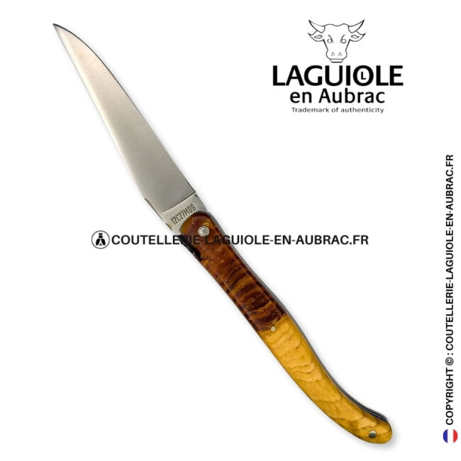 majesté végétale : couteau laguiole plein manche en bois de frêne – abeille et platines ciselées