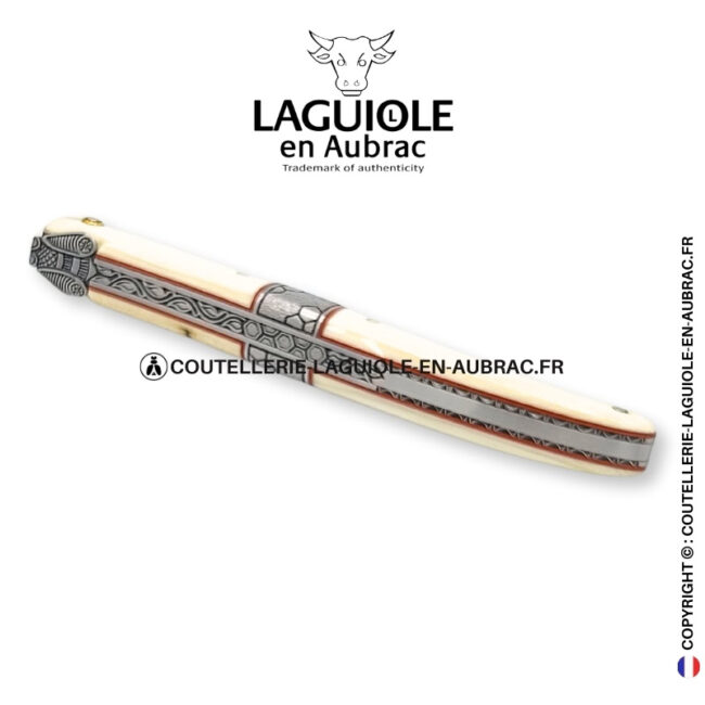 olórin le blanc: couteau laguiole plein manche mitre centrale croûte d'ivoire de mammouth