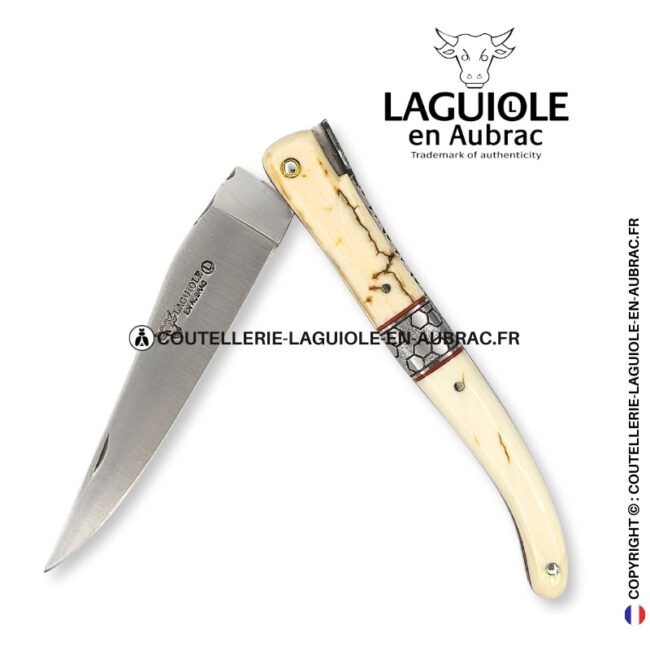 olórin le blanc: couteau laguiole plein manche mitre centrale croûte d'ivoire de mammouth
