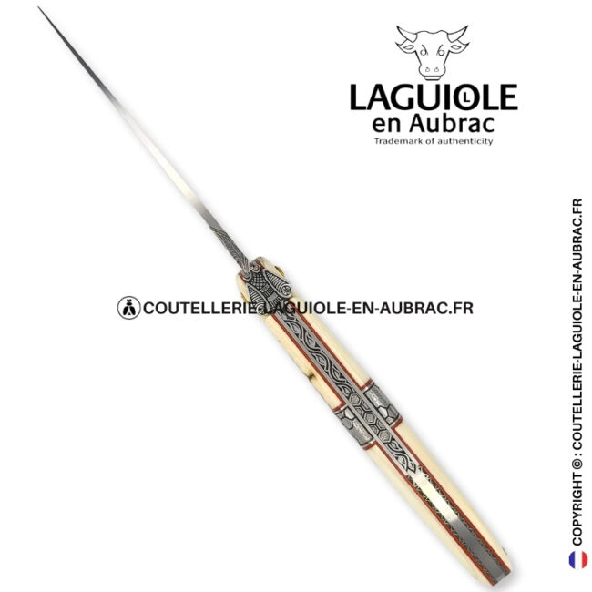 olórin le blanc: couteau laguiole plein manche mitre centrale croûte d'ivoire de mammouth