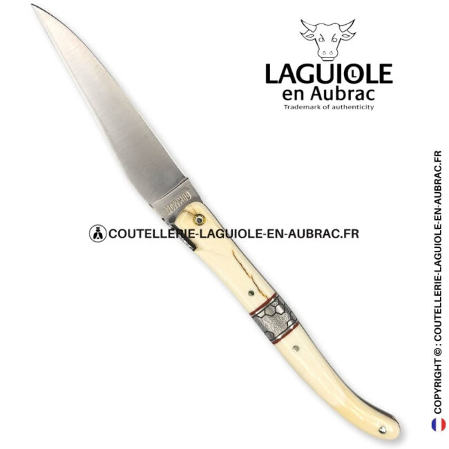 olórin le blanc: couteau laguiole plein manche mitre centrale croûte d'ivoire de mammouth