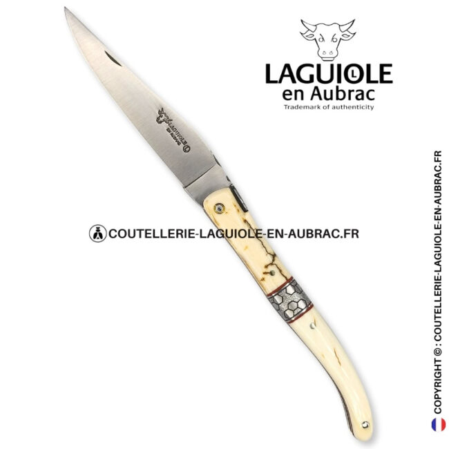 olórin le blanc: couteau laguiole plein manche mitre centrale croûte d'ivoire de mammouth