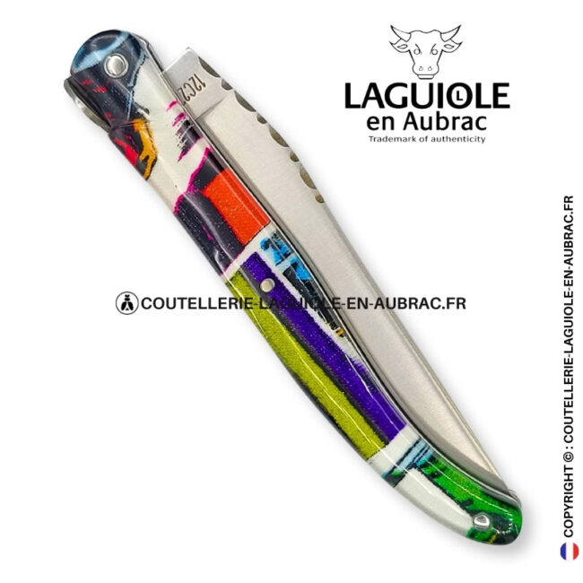 oops! comics : couteau laguiole plein manche en acrylique – décor ludique