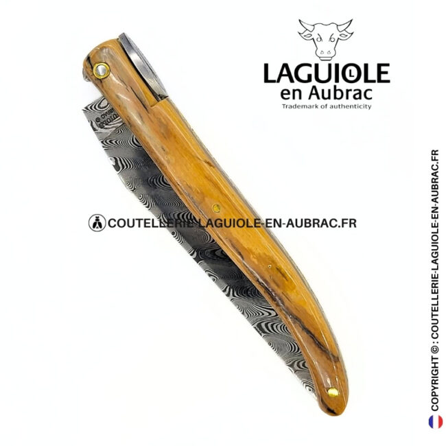 origine tour eiffel prestige n°14: couteau laguiole plein manche en ivoire fossile de mammouth – lame damas