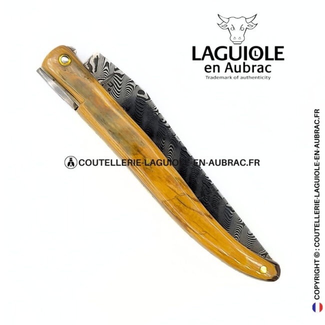 origine tour eiffel prestige n°14: couteau laguiole plein manche en ivoire fossile de mammouth – lame damas