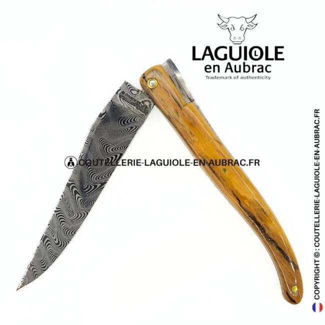 origine tour eiffel prestige n°14: couteau laguiole plein manche en ivoire fossile de mammouth – lame damas