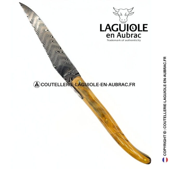 origine tour eiffel prestige n°14: couteau laguiole plein manche en ivoire fossile de mammouth – lame damas