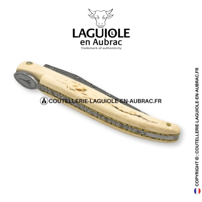 origine tour eiffel prestige n°17: couteau laguiole plein manche en ivoire fossile de mammouth – lame damas