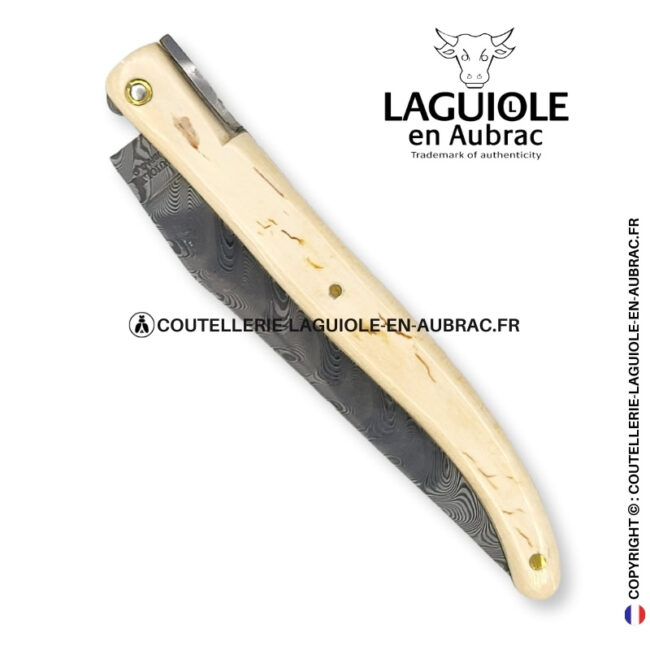 origine tour eiffel prestige n°17: couteau laguiole plein manche en ivoire fossile de mammouth – lame damas
