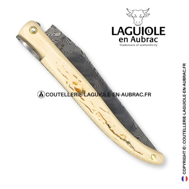 origine tour eiffel prestige n°17: couteau laguiole plein manche en ivoire fossile de mammouth – lame damas