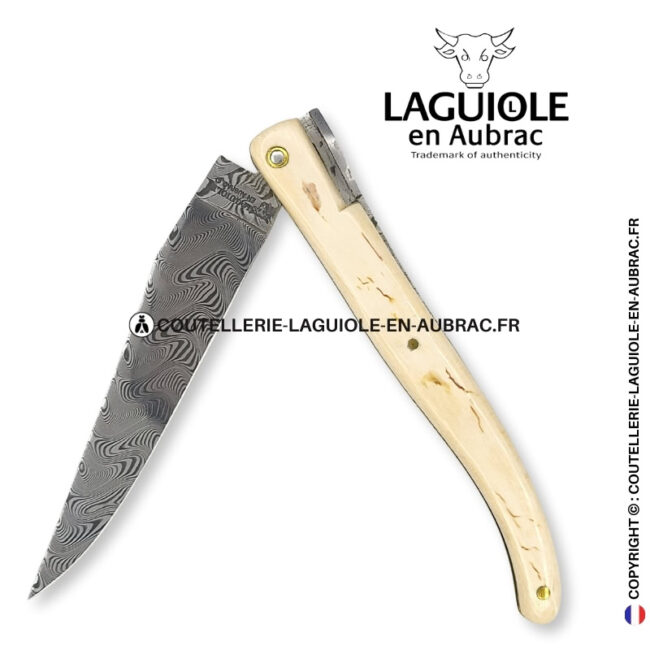 origine tour eiffel prestige n°17: couteau laguiole plein manche en ivoire fossile de mammouth – lame damas