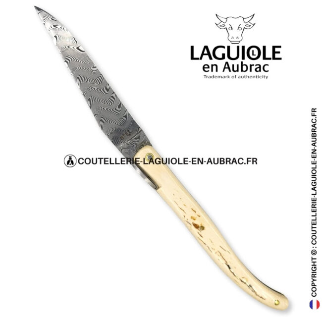 origine tour eiffel prestige n°17: couteau laguiole plein manche en ivoire fossile de mammouth – lame damas