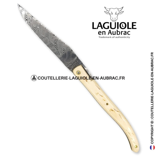 origine tour eiffel prestige n°17: couteau laguiole plein manche en ivoire fossile de mammouth – lame damas