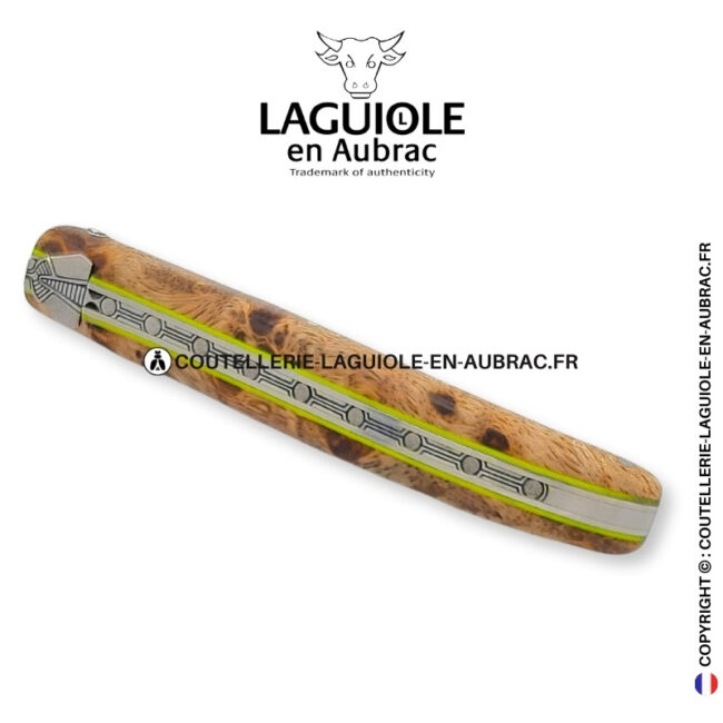 souffle damassé : couteau laguiole plein manche en albizia – abeille et platines ciselées lame damas